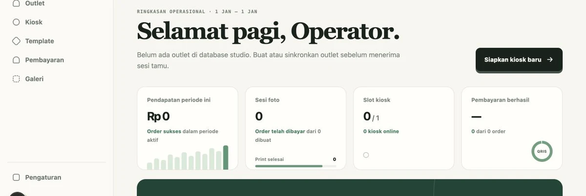 Tampilan nyata dashboard pemilik studio Pixbox dengan ringkasan operasional dan status kiosk
